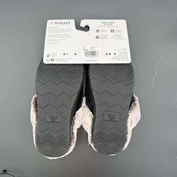 Isotoner Womens Memory Foam Slippers XL 9.5-10 Black Gray Faux Fur Collar - Picture 4 of 5